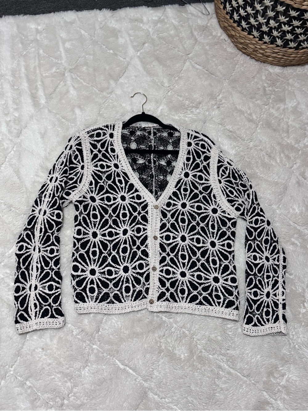Solitaire Black Cardigan with White Crochet Floral Overlay